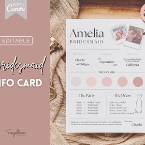 EDITABLE Bridesmaid Info Card, PHOTO Bridesmaid Information Card, Wedding Info, Wedding Infographic, Canva, Wedding details & Itinerary