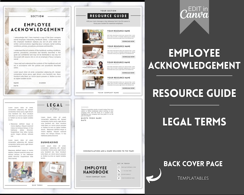 Peut inclure: Un mod&egrave;le de manuel du personnel imprimable en noir et blanc. Le mod&egrave;le comprend des sections pour l'accus&eacute; de r&eacute;ception des employ&eacute;s, le guide des ressources, les termes juridiques et une page de couverture arri&egrave;re. Le mod&egrave;le est con&ccedil;u pour &ecirc;tre &eacute;dit&eacute; dans Canva.