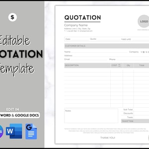 Quotation Template, EDITABLE Quote Form, Small Business, Invoice Order, Job Estimate Form, Word, Canva, Google Docs, Proposal