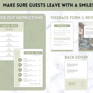 May include: Green and white checklist forms for a hotel or retreat. The forms include check out instructions, a feedback form, and a back cover with the text "The Eco Retreat".