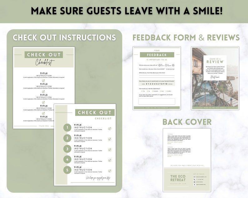 May include: Green and white checklist forms for a hotel or retreat. The forms include check out instructions, a feedback form, and a back cover with the text "The Eco Retreat".