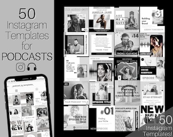 50 Podcast Instagram Templates. Canva Template Pack. Instagram Square Posts & Stories, Story, Podcasters Podcasting Social Media BUNDLE