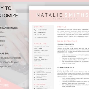 K&ouml;nnte beinhalten: Eine rosa und wei&szlig;e Lebenslaufvorlage mit dem Titel "Natalie Smithson, Ihr Beruf". Die Vorlage enth&auml;lt Abschnitte f&uuml;r Kontaktinformationen, Ausbildung, F&auml;higkeiten, Expertise, Profil und Berufserfahrung. Die Vorlage ist einfach anzupassen mit Titeln, Farben, Schriftarten und Text.