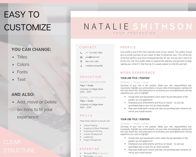 K&ouml;nnte beinhalten: Eine rosa und wei&szlig;e Lebenslaufvorlage mit dem Titel "Natalie Smithson, Ihr Beruf". Die Vorlage enth&auml;lt Abschnitte f&uuml;r Kontaktinformationen, Ausbildung, F&auml;higkeiten, Expertise, Profil und Berufserfahrung. Die Vorlage ist einfach anzupassen mit Titeln, Farben, Schriftarten und Text.