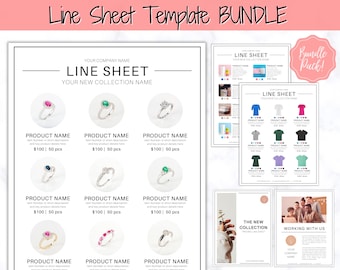 Puede incluir: Un paquete de plantillas de hojas de línea con fondo blanco. La hoja principal muestra joyas, mientras que otras muestran camisetas y maquetas de productos. El texto incluye "Line Sheet Template BUNDLE" y "Your New Collection Name."