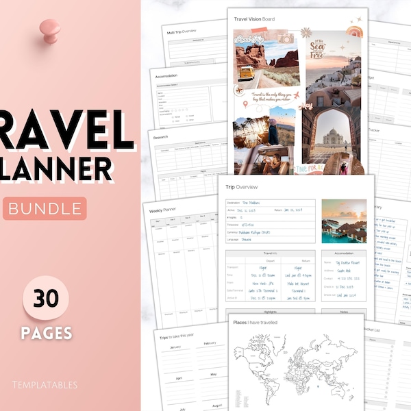 30+ page Travel Planner BUNDLE imprimable, planificateur de voyage, vacances, journal de route, modèles de voyage, carnet de vacances, journal, liste de colisage