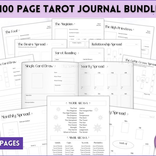 Tarot Planner, 100+ Pg Printable Tarot Journal Workbook, Daily Card Reading, Tarot Spreads, Tarot Deck Notebook, Witch, Grimoire, Oracle