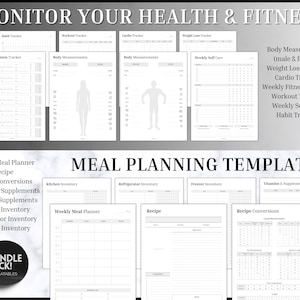 Puede incluir: Un conjunto de plantillas imprimibles para el seguimiento de la salud y el fitness, incluyendo la planificaci&oacute;n de comidas, las mediciones corporales y los registros de entrenamiento. El texto "MONITOR YOUR HEALTH & FITNESS" est&aacute; en la parte superior.