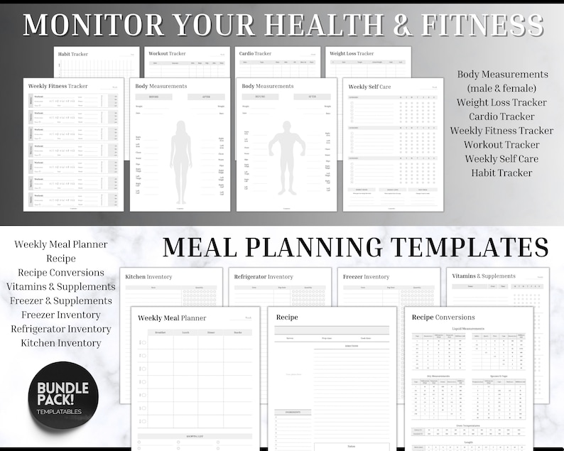 Puede incluir: Un conjunto de plantillas imprimibles para el seguimiento de la salud y el fitness, incluyendo la planificaci&oacute;n de comidas, las mediciones corporales y los registros de entrenamiento. El texto "MONITOR YOUR HEALTH & FITNESS" est&aacute; en la parte superior.