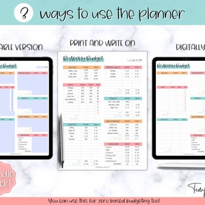 May include: Three different ways to use a bi-weekly budget planner. The first image shows a fillable version on a tablet. The second image shows a printed version of the planner with a pen next to it. The third image shows a digital version of the planner on a tablet with a stylus next to it. The text "You can use this for zero based budgeting too!" is at the bottom of the image.