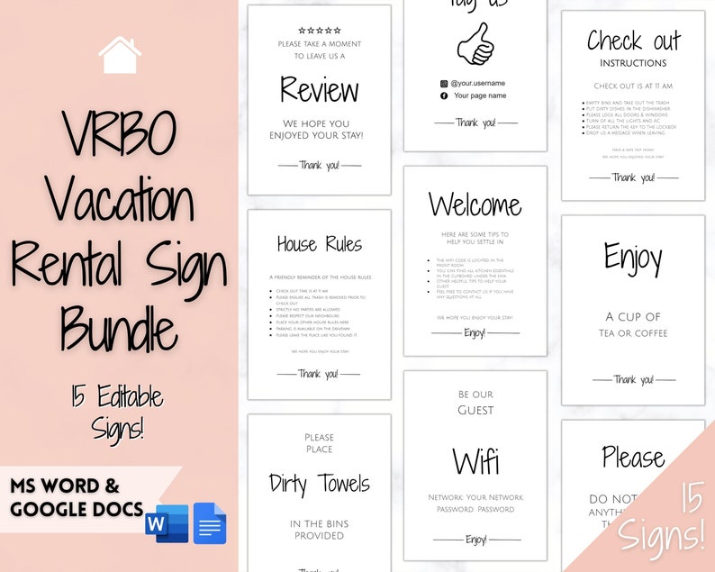 EDITABLE VRBO Vacation Rental Signs Airbnb Template Bundle Etsy
