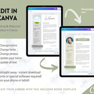 May include: Editable welcome book template for Airbnb hosts, featuring a green and white color scheme with a landscape illustration and text that says "Welcome" and "Meet Your Host". The template can be customized with photos, text, and colors in Canva.