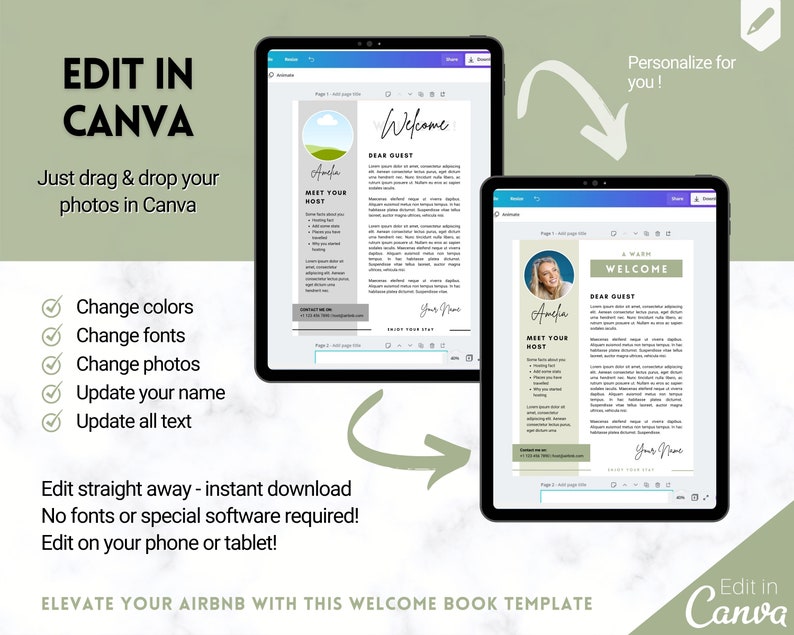 May include: Editable welcome book template for Airbnb hosts, featuring a green and white color scheme with a landscape illustration and text that says "Welcome" and "Meet Your Host". The template can be customized with photos, text, and colors in Canva.