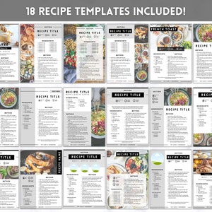 Puede incluir: Un conjunto de 18 plantillas de recetas imprimibles con un dise&ntilde;o minimalista moderno. Las plantillas presentan un esquema de color blanco y negro con un fondo gris. Cada plantilla incluye secciones para el t&iacute;tulo de la receta, los ingredientes y el m&eacute;todo. Las plantillas son perfectas para organizar y compartir tus recetas favoritas.