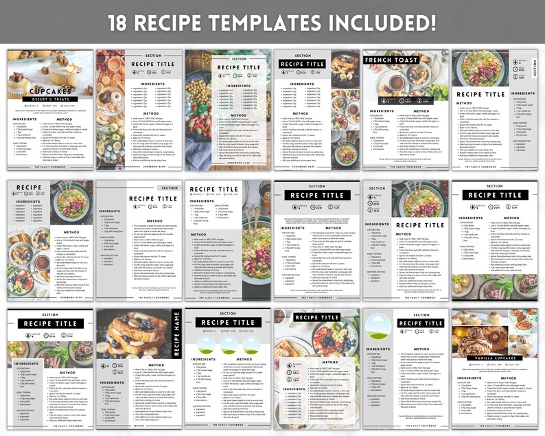 Puede incluir: Un conjunto de 18 plantillas de recetas imprimibles con un dise&ntilde;o minimalista moderno. Las plantillas presentan un esquema de color blanco y negro con un fondo gris. Cada plantilla incluye secciones para el t&iacute;tulo de la receta, los ingredientes y el m&eacute;todo. Las plantillas son perfectas para organizar y compartir tus recetas favoritas.
