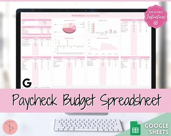 May include: A pink and white Google Sheets spreadsheet template for a paycheque budget dashboard. The spreadsheet includes charts, graphs, and tables to track income, expenses, and savings. The template is designed to help users manage their finances and reach their financial goals.