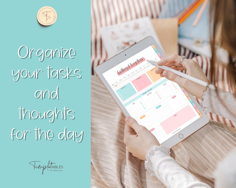 Puede incluir: Un planificador digital en una tableta con el t&iacute;tulo "Getting it Together" y un dise&ntilde;o colorido. El planificador tiene secciones para tareas, notas y un horario diario.
