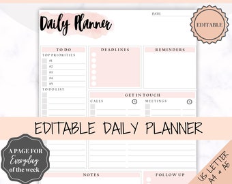 EDITABLE DAILY PLANNER | To Do List | Printable Productivity Day Planner for Work | Work Day Diary Insert | Template | Pdf, Excel | Organize
