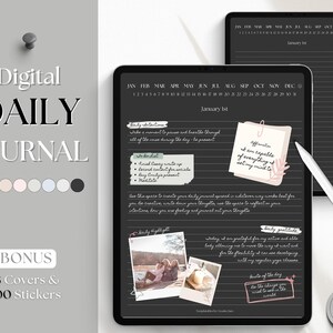 GoodNotes Journal, DARK MODE Digital Daglig Anteckningsbok, Hyperlänkad Digital Planner, iPad Dagbok, Klistermärken & Omslag, Minimalistisk Anteckningsbok Linjerad