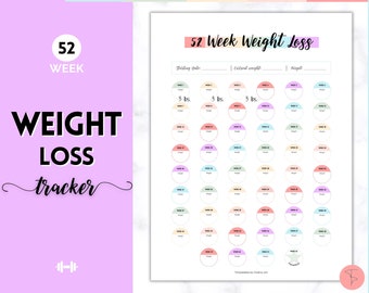 Weight Loss Tracker, 52 Week Challenge, Weightloss Journal, Fitness Planner Printable, Weight Loss Chart, Pounds Lost Tracker, Year 12 month