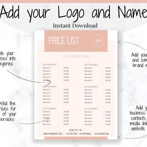 PRICE LIST Template Editable. Printable Price Sheet, Price Guide, Hair ...