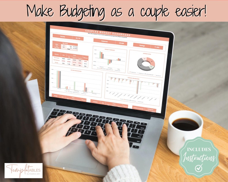 May include: A laptop screen showing a budget dashboard with financial charts and graphs. The text on the screen reads "Couples Budget Dashboard." The image also includes the text "Make Budgeting as a couple easier!" and "Includes Instructions."