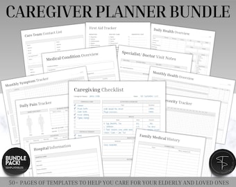 May include: A printable caregiver planner bundle with over 50 pages of templates to help you care for your elderly and loved ones. The bundle includes templates for care team contact lists, first aid trackers, medical condition overviews, monthly symptom trackers, daily pain trackers, caregiving checklists, daily health overviews, specialist/doctor visit notes, monthly health overviews, severity trackers, hospital information, and family medical history.