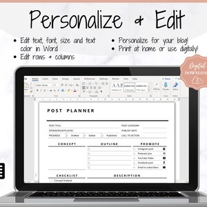 May include: A laptop computer displaying a Microsoft Word document with a post planner template. The template includes sections for post title, sponsors, progress, concept, outline, checklist, post category, publish date, call to action, and promote. The template is designed to help users plan and schedule their social media posts.