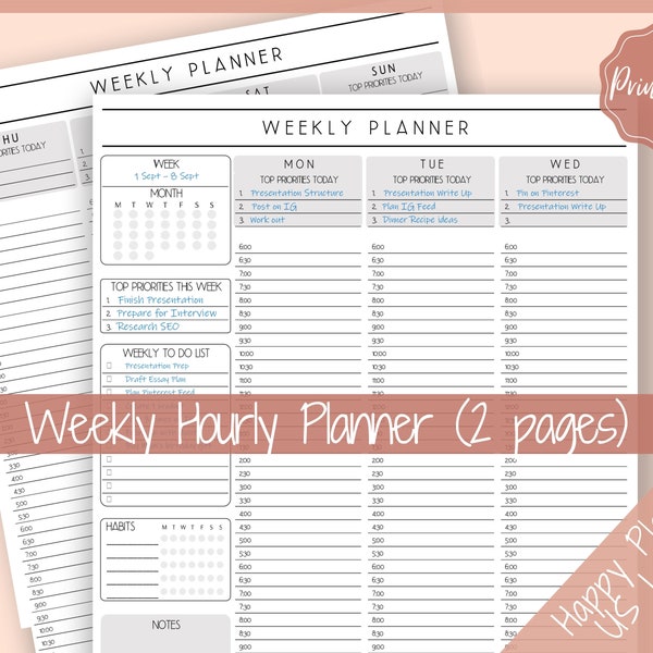 Weekly Planner Printable, Hourly Planner, Week on 2 pages WO2P, Weekly Schedule, Undated Planner, 2023 Weekly Organizer, To Do List