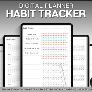 Puede incluir: Seguimiento digital de hábitos en varias tabletas. La tableta principal muestra un seguimiento mensual de hábitos con casillas de verificación diarias. El texto "Habit Tracker" está en la parte superior de la pantalla. Se enumeran los textos "Daily walk outside", "Meditate for 30 minutes", "Lock and eat fresh food", "Workout and move my body" y "Drink 8 glasses of water".