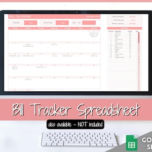 May include: A computer screen displaying a bill calendar and tracker spreadsheet. The calendar is for January 2022 and includes a list of bills to pay, due dates, and amounts. The spreadsheet is a Google Sheets document that can be used to track bills and expenses.