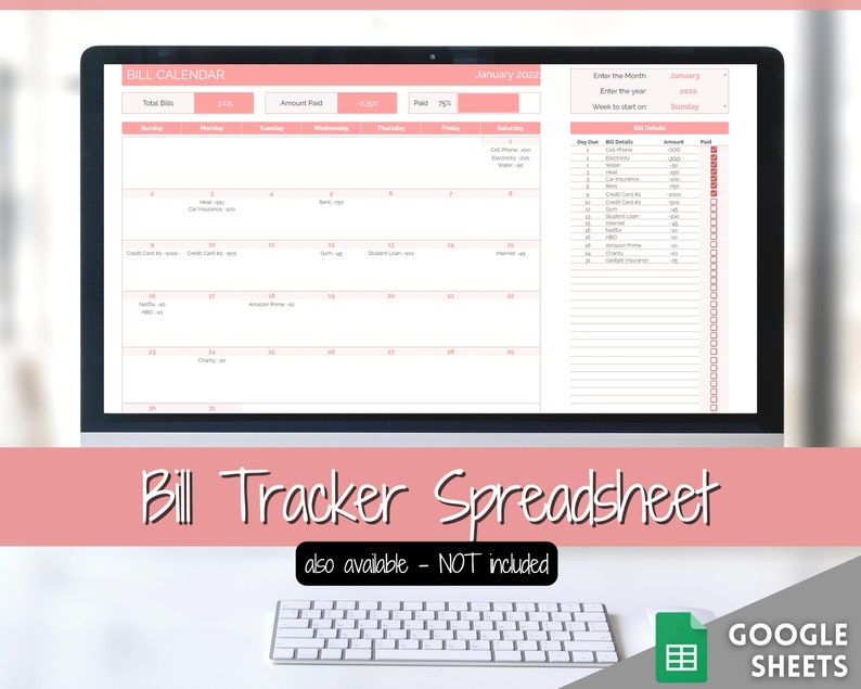 May include: A computer screen displaying a bill calendar and tracker spreadsheet. The calendar is for January 2022 and includes a list of bills to pay, due dates, and amounts. The spreadsheet is a Google Sheets document that can be used to track bills and expenses.