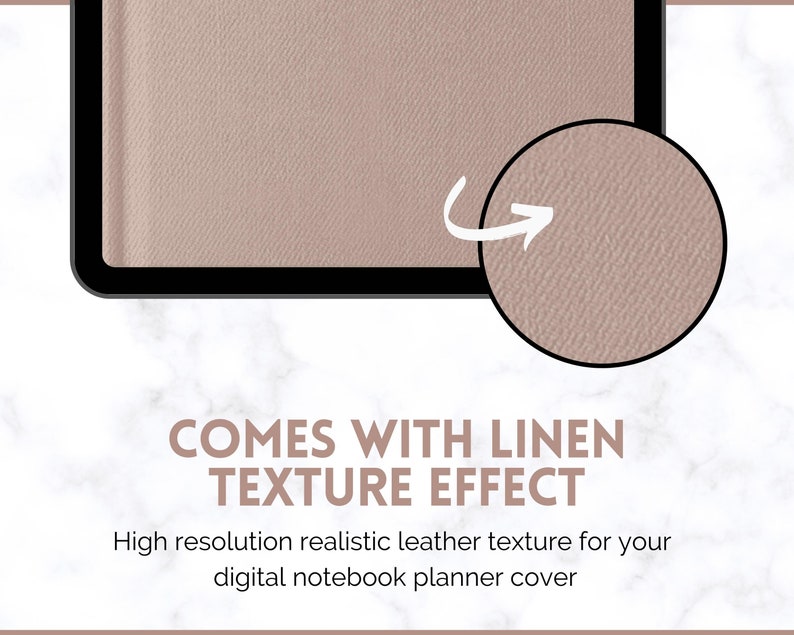 Op de afbeelding: Een digitale notitieboek-plannerhoes met een linnen textuur-effect. De hoes is lichtbruin van kleur en heeft een realistische lederen textuur in hoge resolutie.