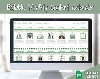 May include: A green and white computer screen displaying a content calendar template for the month of January 2023. The calendar is divided into days of the week and includes different content ideas for each day, such as promotional posts, community emails, educational blogs, entertainment videos, and engagement posts. The calendar is titled "Content Calendar - @your.handle".