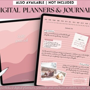 May include: A digital planner with a pink and white color scheme. The planner includes a daily journal spread with sections for daily intentions, affirmations, and gratitude. The planner also includes a calendar view for the year.