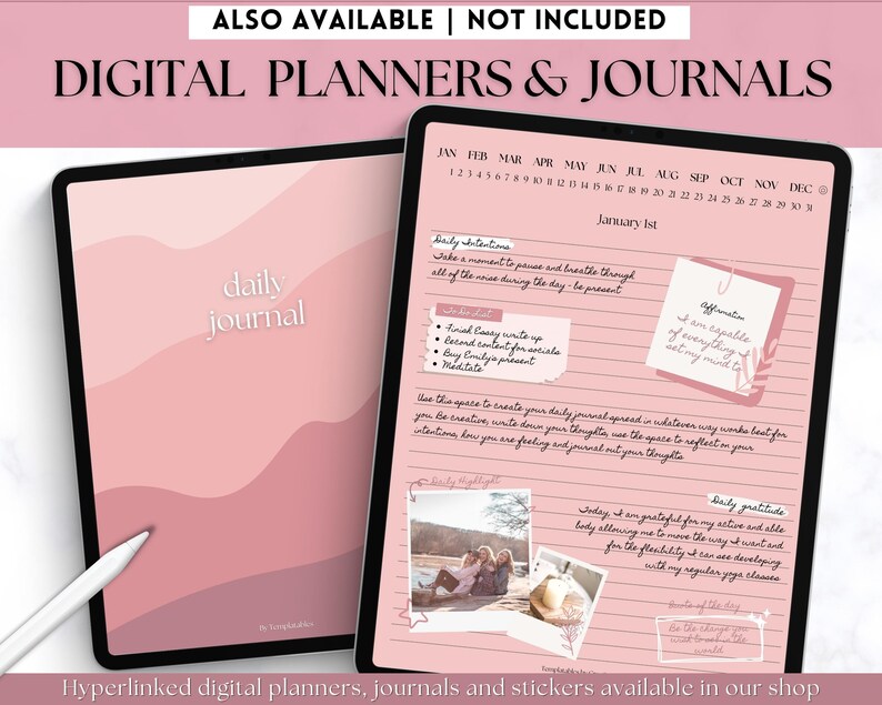 May include: A digital planner with a pink and white color scheme. The planner includes a daily journal spread with sections for daily intentions, affirmations, and gratitude. The planner also includes a calendar view for the year.