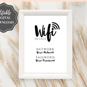 Znak hasła Wi-Fi, edytowalny szablon znaku Wi-Fi do druku, znak Be Our Guest, znak hasła Wi-Fi, pokój gościnny Airbnb, sztuka ścienna, wystrój, Wi-Fi zdjęcie 2