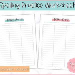 May include: Two white printable worksheets for spelling practice. The top of the image reads "Spelling Practice Worksheets". One worksheet is titled "Spelling Words" and the other is titled "Spelling Check". A pink sticker reads "Bundle Pack!"