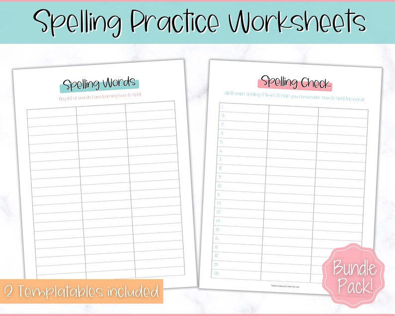 May include: Two white printable worksheets for spelling practice. The top of the image reads "Spelling Practice Worksheets". One worksheet is titled "Spelling Words" and the other is titled "Spelling Check". A pink sticker reads "Bundle Pack!"