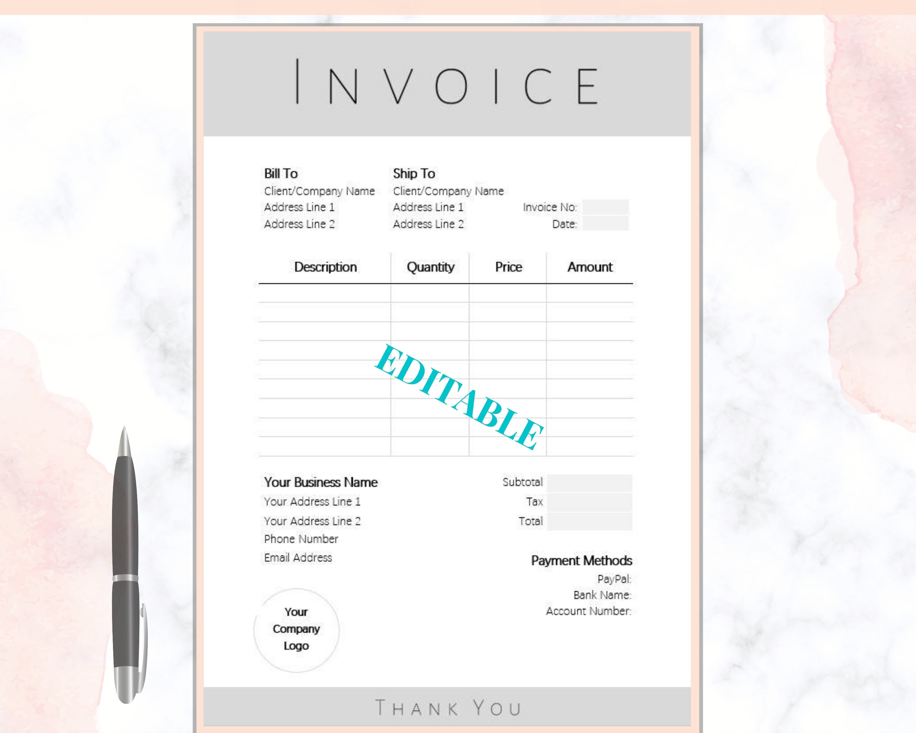 INVOICE TEMPLATE Order Form, EDITABLE Custom Receipt Template ...