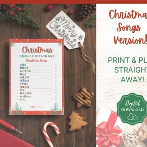 May include: A printable Christmas emoji game with a red and green background. The game is called "Christmas Emoji Pictionary: Christmas Songs". The game includes a list of 12 Christmas songs with emojis representing each song.