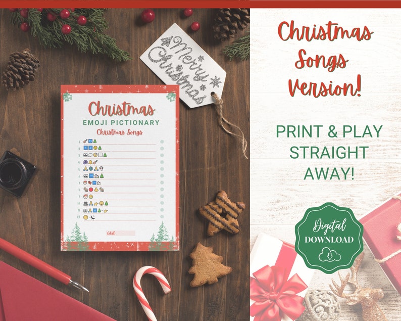 May include: A printable Christmas emoji game with a red and green background. The game is called "Christmas Emoji Pictionary: Christmas Songs". The game includes a list of 12 Christmas songs with emojis representing each song.