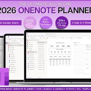 Può includere: Un pianificatore digitale OneNote per il 2026, visualizzato su un laptop e due tablet. Il design viola e bianco presenta il testo "2026 OneNote Planner", con dettagli come "Monday & Sunday Starts" e "Over 100+ Templates."