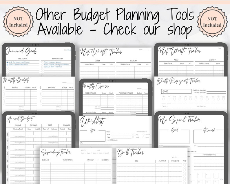 May include: A set of printable budget planning worksheets in black and white. The worksheets include a financial goals tracker, monthly budget, net worth tracker, debt repayment tracker, monthly expenses tracker, wishlist, spending tracker, and bill tracker.