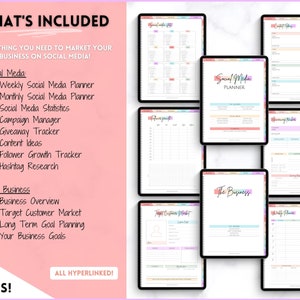 May include: A digital planner for social media marketing with colorful tabs and a pink background. The planner includes sections for weekly and monthly social media planning, social media statistics, campaign management, giveaway tracking, content ideas, follower growth tracking, hashtag research, business overview, target customer market, long-term goal planning, and business goals. The planner is 90+ pages and all hyperlinked.