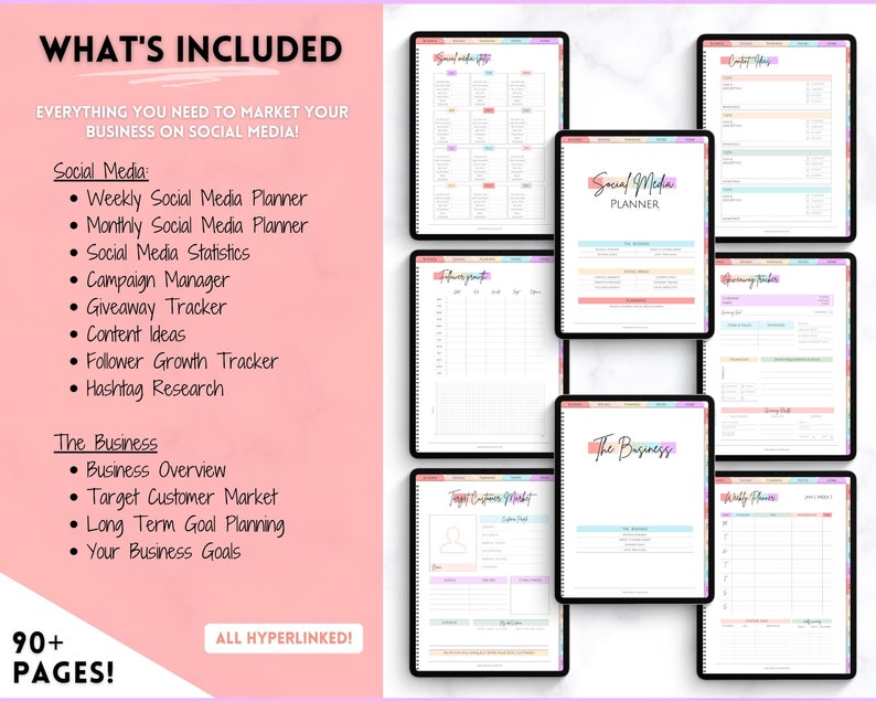 May include: A digital planner for social media marketing with colorful tabs and a pink background. The planner includes sections for weekly and monthly social media planning, social media statistics, campaign management, giveaway tracking, content ideas, follower growth tracking, hashtag research, business overview, target customer market, long-term goal planning, and business goals. The planner is 90+ pages and all hyperlinked.