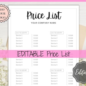 Puede incluir: Una plantilla de lista de precios imprimible en blanco y negro con el texto "Price List" y "Your Company Name". La plantilla está dividida en tres secciones, cada una con el encabezado "Category" y una lista de cinco servicios con un precio de 0,00 € junto a cada servicio. La plantilla está etiquetada como "Editable Price List".