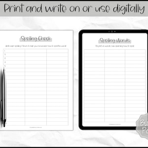 May include: Two printable worksheets for spelling practice. The first worksheet is titled "Spelling Check" and has numbered lines for writing words. The second worksheet is titled "Spelling Words" and has a blank space for writing a list of words.