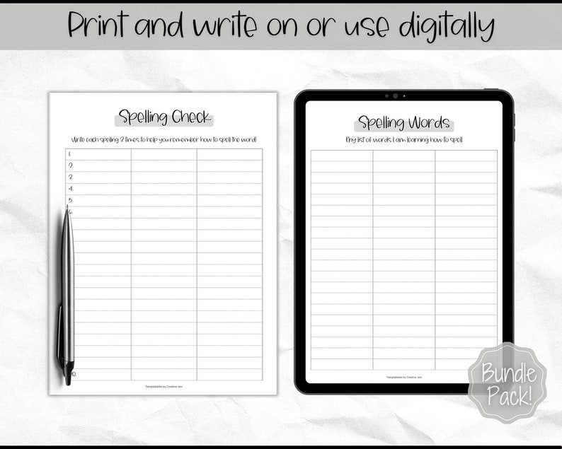 May include: Two printable worksheets for spelling practice. The first worksheet is titled "Spelling Check" and has numbered lines for writing words. The second worksheet is titled "Spelling Words" and has a blank space for writing a list of words.