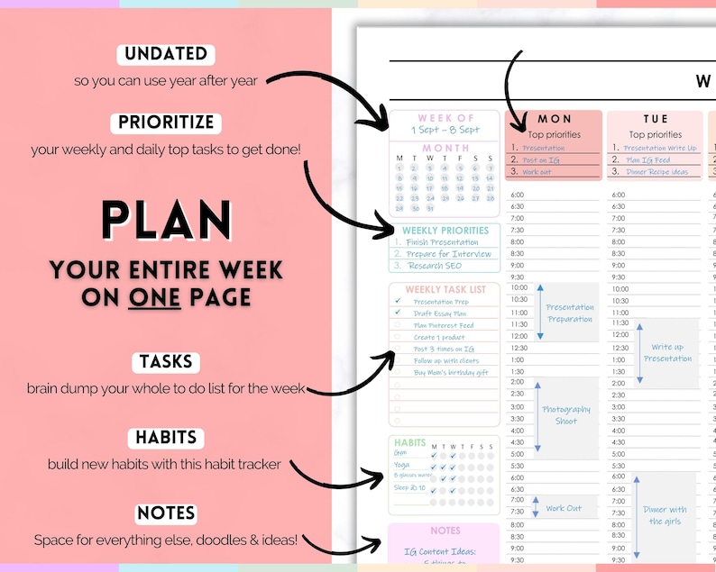Weekly Hourly Planner EDITABLE Weekly Schedule, Daily Planner, Undated Planner, 2024 Weekly Organizer, To Do List printable, Adhd, Colorful image 3